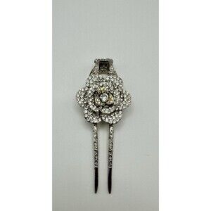 Silver Tone Hair Fork Vintage Rose Clear Austrian Rhinestones Spring Hinge